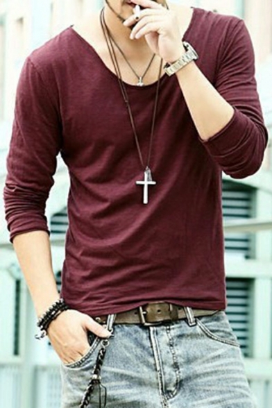 Leisure Guys T Shirt Whole Colored V-Neck Regular Fit Long-Sleeved T Shirt