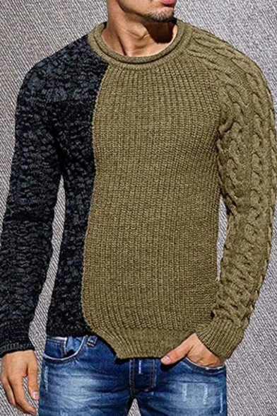 Leisure Men's Sweater Color Block Long Sleeves Round Neck Regular Fitted Pullover Sweater