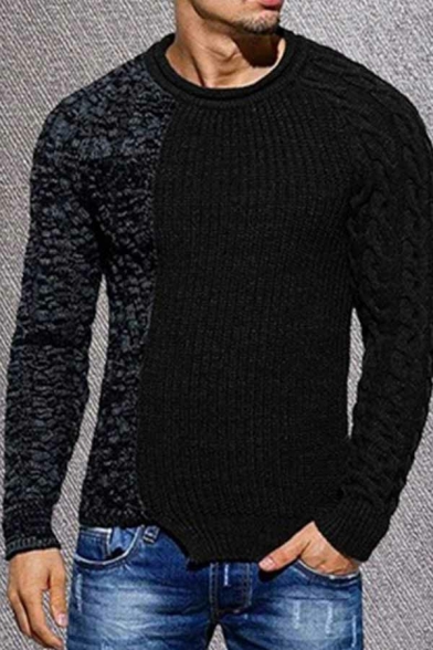 Leisure Men's Sweater Color Block Long Sleeves Round Neck Regular Fitted Pullover Sweater