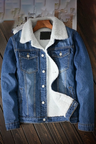 Leisure Mens Jacket Solid Color Long Sleeve Lapel Collar Button Closure Denim Jacket with Pockets