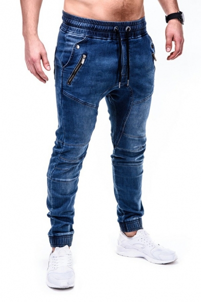 Men Boyish Denim Pants Plain Elastic Waist Zip Pocket Regular Fit Denim Pants