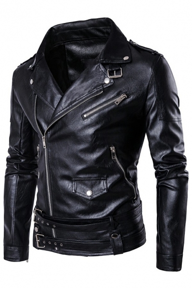 Men Freestyle Leather Jacket Plain Suit Collar Full Zip Long-Sleeved Regular Fitted Leather Jacket