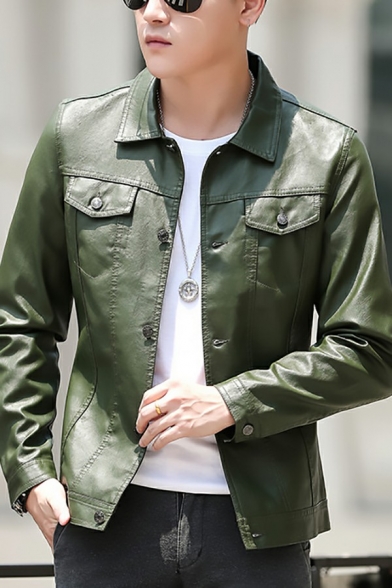 Men Popular Leather Jacket Plain Spread Collar Button up Flap Pocket Long Sleeves Regular Fitted Leather Jacket