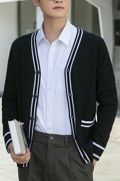 Men's Fashion Cardigan Contrast Line V-Neck Pocket Detailed Button Placket Long Sleeves Cardigan