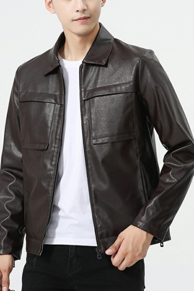 Simple Jacket Plain Spread Collar Pocket Long Sleeve Regular Fit Zip Fly Leather Jacket for Men