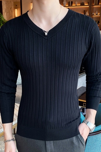Simple Men's Sweater Plain Long Sleeve V-Neck Regular Fitted Pullover Sweater