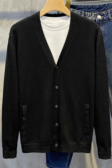 Simple Mens Cardigan Plain V-Neck Ribbed Trim Pocket Decoration Button Up Slim Long Sleeve Cardigan