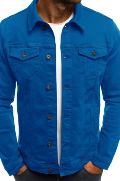 Simple Plain Men’s Jacket Spread Collar Flap Pockets Button Closure Slim Fit Denim Jacket