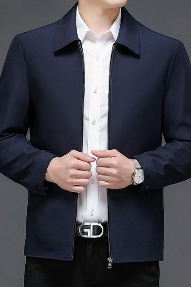 Simple Solid Color Mens Jacket Zip Closure Turn-Down Collar Long Sleeves Slim Cut Casual Jacket