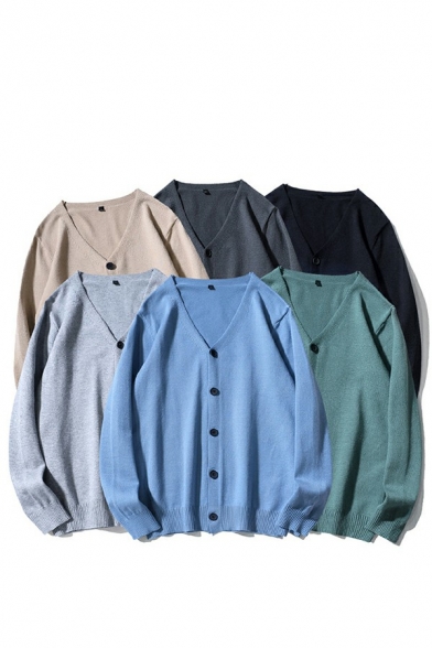Street Look Cardigan Plain Rib Cuffs V Neck Oversized Long Sleeve Button Up Cardigan for Guys