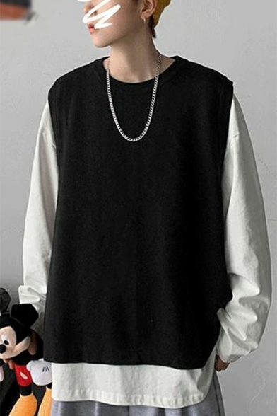 Streets Look Vest Solid Color Round Neck Sleeveless Loose Fitted Knit Vest for Men