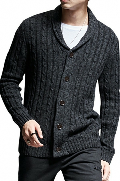 Stylish Cardigan Pure Color Collar Button Up Long Sleeve Fitted Cardigan for Men