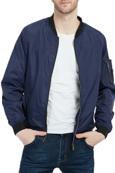 Stylish Mens Bomber Jacket Pure Color Zip Closure Long Sleeve Stand Collar Fitted Jacket