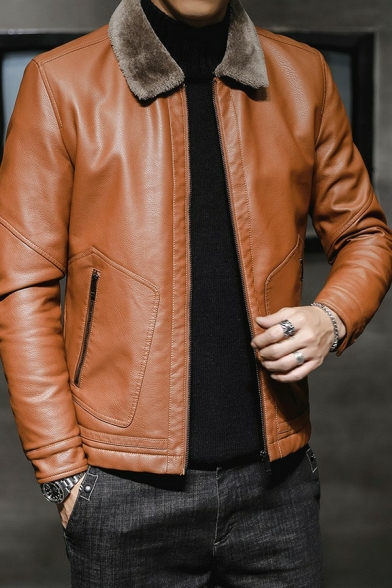 Trendy Jacket Solid Color Spread Collar Long Sleeve Regular Zip Placket Leather Jacket for Guys