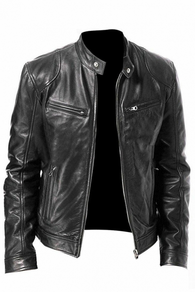 Trendy Mens Leather Jacket Pure Color Long Sleeves Stand Collar Pocket Detail Zip Placket Leather Jacket