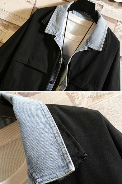 Unique Plain Men's Jacket Faux Twinset Panel Spread Collar Zip Fly Relaxed Fit Denim Jacket