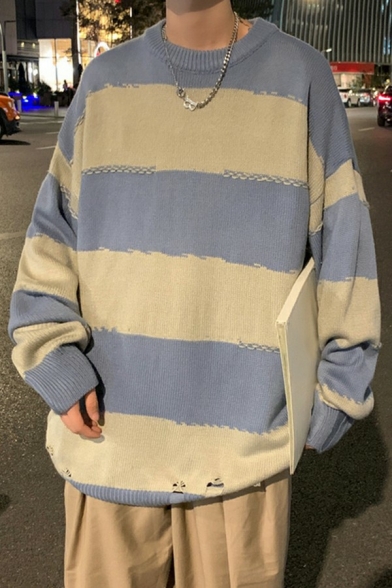 Boyish Guys Pullover Color Block Long-sleeved Round Neck Oversized Pullover