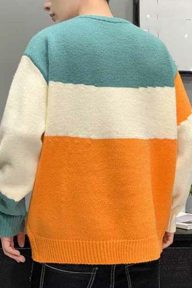 Comfortable Men's Sweater Color Block Long Sleeves High Neck Loose Fitted Pullover Sweater