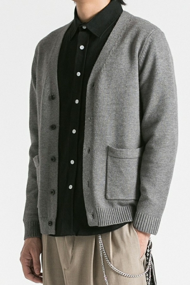 Creative Cardigan Whole Colored Long Sleeves Side Pocket Regular Cardigan for Guys