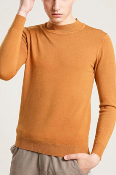 Dashing Sweater Plain Round Neck Rib Cuffs Long-Sleeved Regular Fitted Sweater for Men