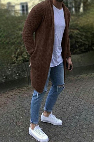 Edgy Cardigan Solid Asymmetric Hem Relaxed Long Sleeves Open Front Long Length Cardigan for Men