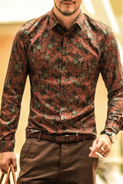 Edgy Mens Button Shirt Floral Pattern Long Sleeve Turn down Collar Regular Fit Shirt