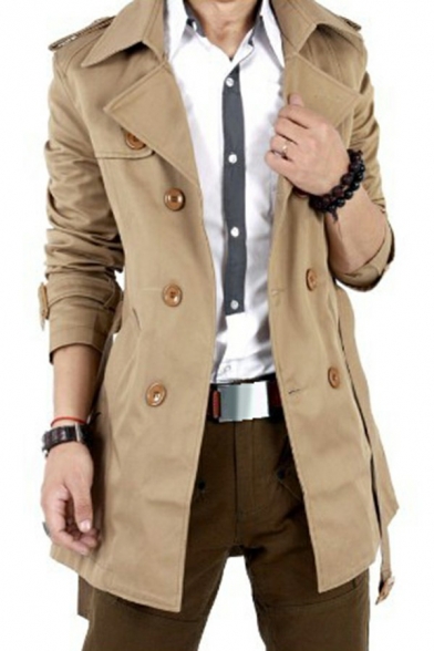 Fancy Coat Solid Color Lapel Collar Skinny Long-Sleeved Button Placket Trench Coat for Guys