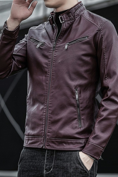 Fancy Jacket Whole Colored Zip Pocket Long Sleeves Fitted Zip Placket Leather Jacket for Men