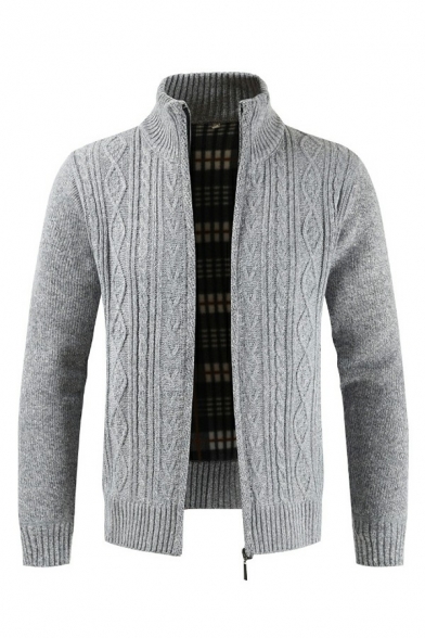 Formal Men's Cardigan Pure Color Stand Collar Long Sleeves Zip Up Fitted Cardigan