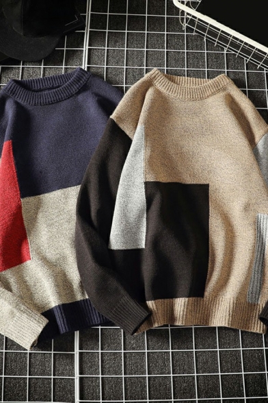 Freestyle Guys Sweater Contrast Color Round Neck Long Sleeves Oversized Sweater