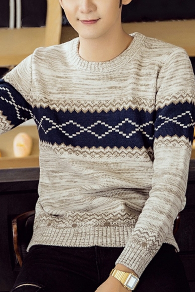 Guys Comfy Sweater Geometric Pattern Ribbed Trim Crew Neck Fit Long Sleeve Sweater