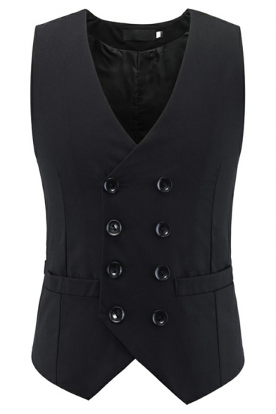 Guys Cozy Suit Vest Pure Color V-Neck Button Placket Slimming Suit Vest