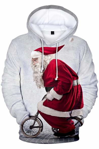 Men Casual Hoodie Christmas Pattern Pocket Long Sleeves Relaxed Fit Hooded Drawcord Hoodie