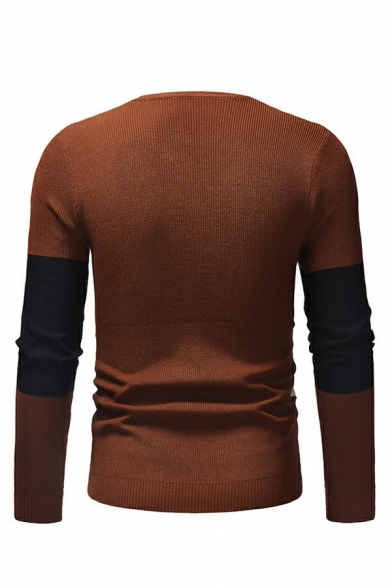 Men Dashing Sweater Color-Block Round Neck Rib Cuffs Long-Sleeved Loose Fit Sweater