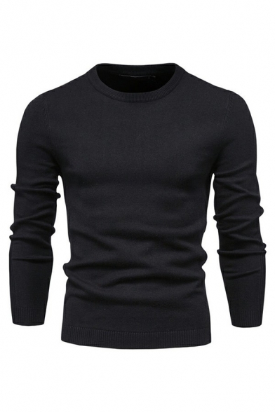 Men Fancy Sweater Solid Color Round Neck Rib Cuffs Long-Sleeved Regular Fit Sweater