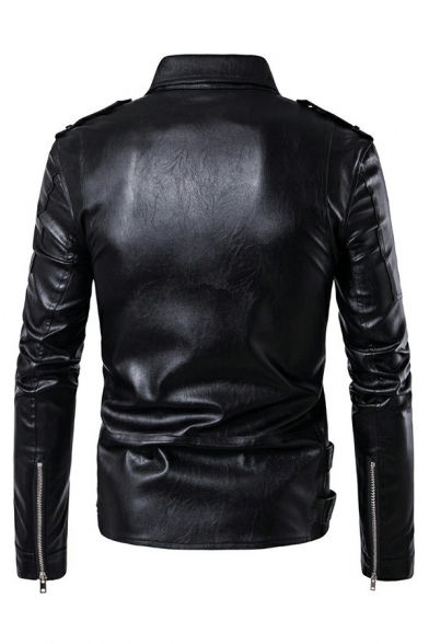 Men Freestyle Leather Jacket Plain Suit Collar Full Zip Long-Sleeved Regular Fitted Leather Jacket