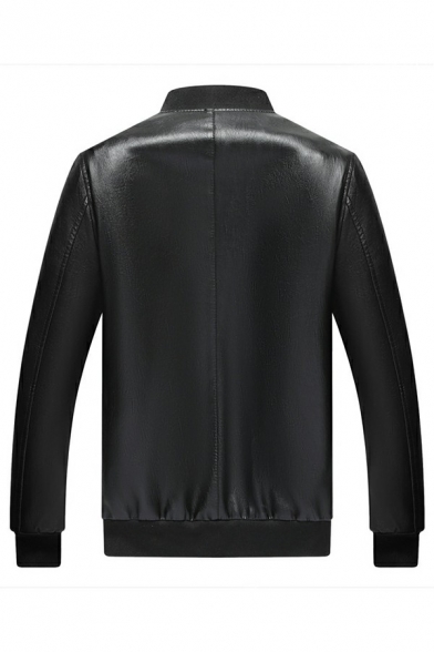 Men Stylish Leather Jacket Plain Stand Collar Full Zip Pocket Detail Long Sleeve Relaxed Leather Jacket