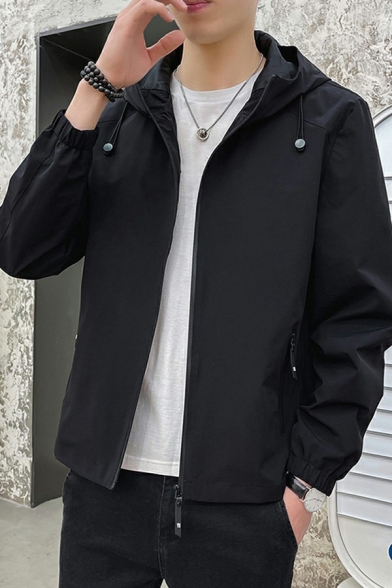 Mens Casual Plain Jacket Hooded Zipper Closure Drawstring Front Pocket Long-Sleeved Regular Fit Jacket