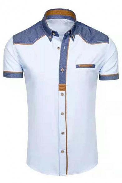 Modern Men's Shirt Point Collar Contrast Color Short Sleeve Slim Fit Shirt