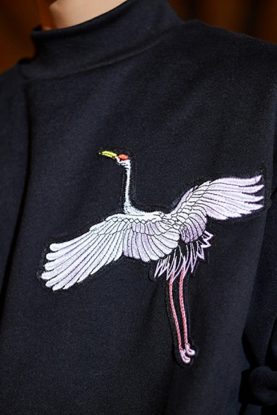 Modern Sweatshirt Crane Printed Turn-down Collar Button-up Long Sleeve Sweatshirt for Men