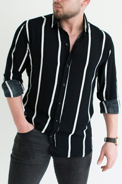 Popular Shirt Stripe Printed Button Placket Turn-Down Collar Fit Long Sleeves Shirt for Guys