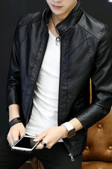 Retro Men Coat Plain Side Pocket Stand Collar Long Sleeves Regular Fit Zip Down Leather Jacket