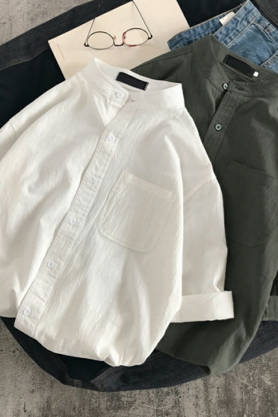 Simple Mens Shirt Plain 3/4 Sleeve Button Closure Lapel Collar Loose Fit Shirt