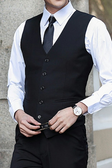 Simple Mens Suit Vest Solid Color V-Neck Sleeveless Button Closure Slim Fitted Suit Vest