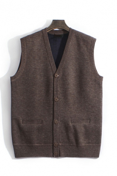 Simple Sweater Vest Plain V-Neck Sleeveless Button Closure Regular Fit Knitted Vest for Men
