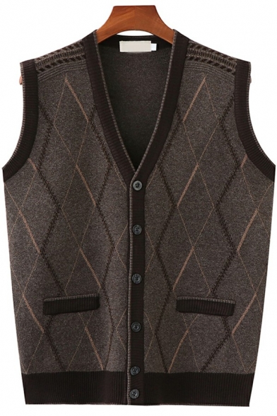 Trendy Men's Vest Checked Pattern V-Neck Sleeveless Slim Fitted Knit Vest