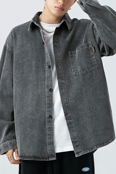 Trendy Solid Color Men's Jacket Spread Collar Single Breasted Chest Pocket Loose Fit Denim Jacket