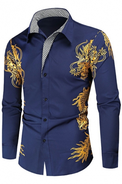 Vintage Mens Button Shirt Dragon Pattern Long-Sleeved Turn down Collar Fitted Shirt