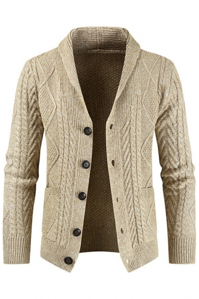 Chic Mens Cardigan Solid Cable Knit Rib Cuff Spread Collar Regular Long Sleeve Button Up Cardigan