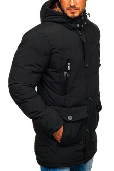 Comfortable Mens Plain Down Coat Zipper Closure Flap Pocket Long Sleeve Slim Fit Hooded Puffer Coat